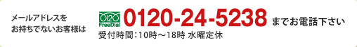 メールアドレスをお持ちでないお客様はFreeDial：0120-24-5238までお電話下さい　受付時間：10時～18時 水曜定休